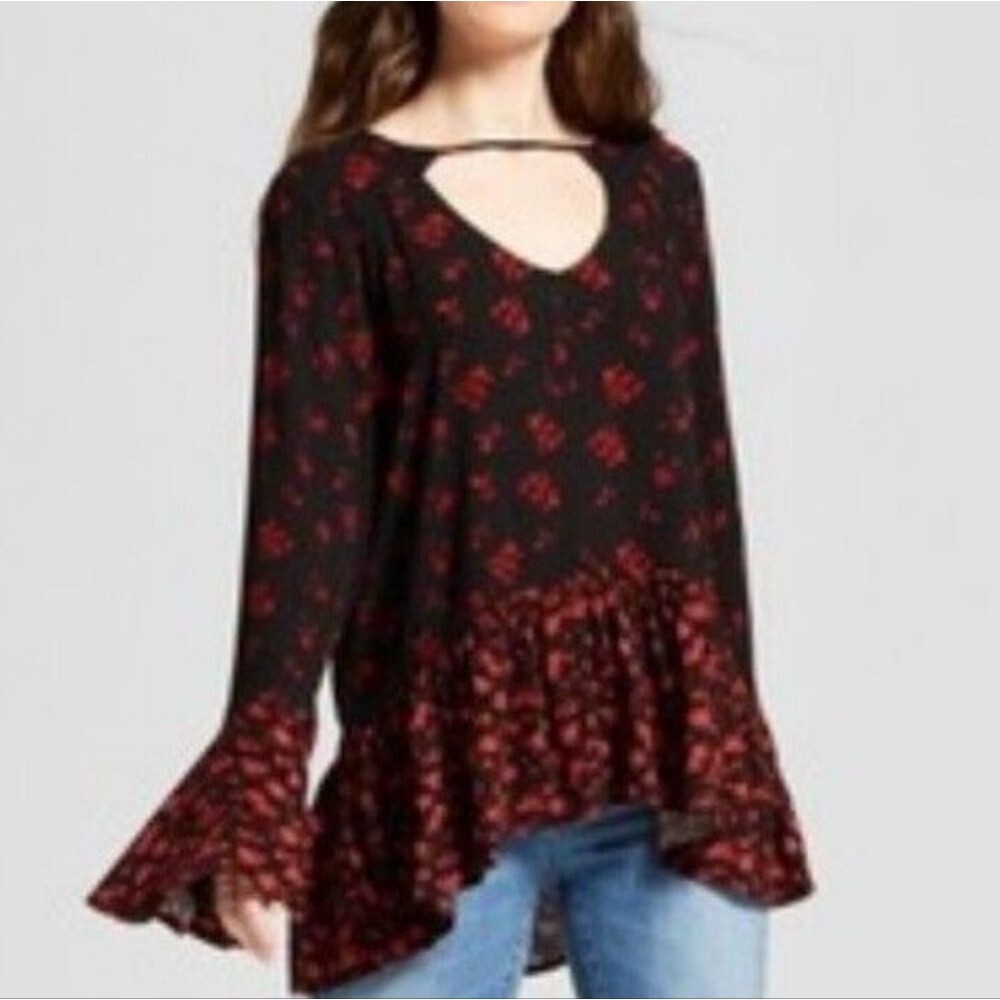 Mossimo Floral Keyhole Bell Sleeves Peplum Top Blouse, Red/Black, Sz XL